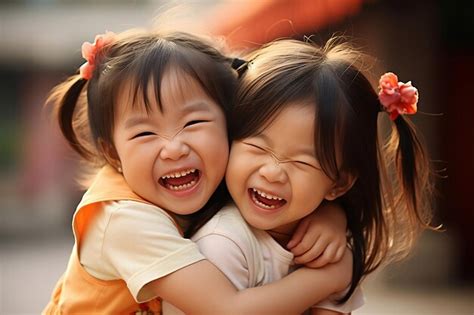 premium photo two asian twin girls hug and laugh