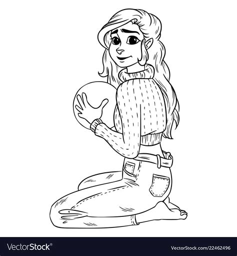 Girl Holding Ball Cartoon Concept Outline Vector Image
