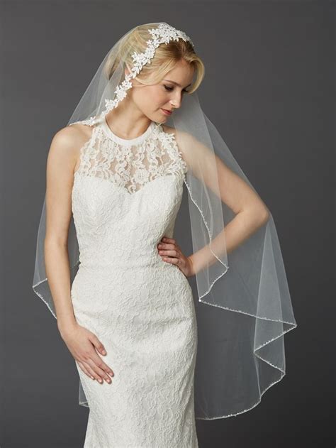 romantic semi waltz wedding veil with beaded lace top 4420v affordable elegance bridal