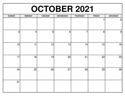 October Calendar 2021 For Printing Landscape Printable Blank Calendar