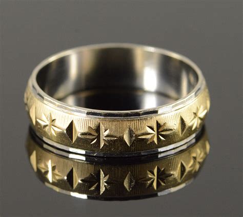14k 58g Engraved Diamond Star Two Tone Mens Wedding Band Yellow Gold