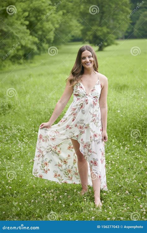 Beautiful Young Woman Walking In Sundress In Field Of Grass Stock Image Image Of Female Girl