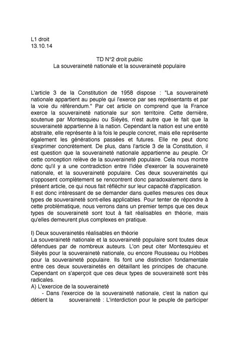 Td N°2 La Souveraineté Nationale Et La Souveraineté Populaire L1