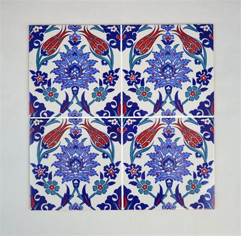 4 X Handmade Turkish Iznik Floral Ceramic Wall Tiles Blue Red Flower
