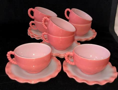 Hazel Atlas Ripple Crinoline Pink Cups Saucers Beaded Handles