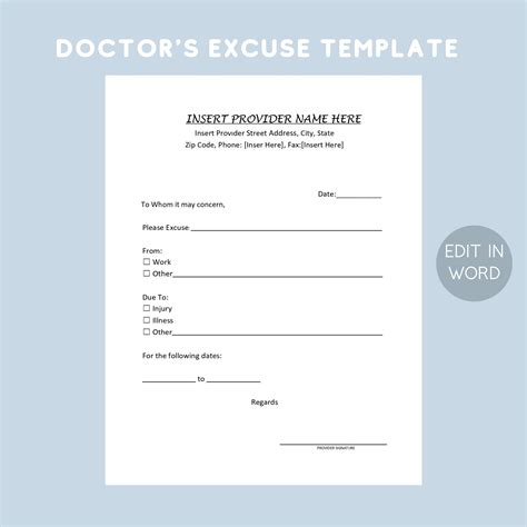Printable Doctors Excuse Template EDITABLE Medical Office Forms Work Excuse Printable Digital