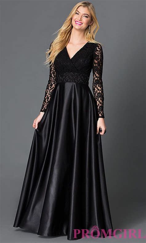 V Neck Black Floor Length Long Sleeve Dress With Lace Bodice And Satin