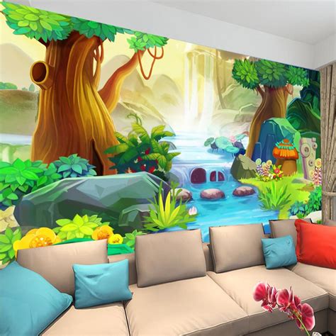 Custom 3d Mural Wall Paper Cartoon Big Tree Forest River Wall Mural