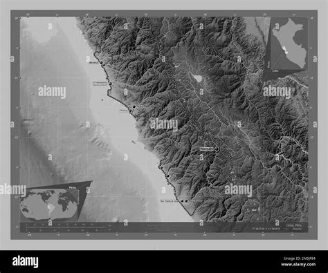 Lima Region Of Peru Grayscale Elevation Map With Lakes And Rivers