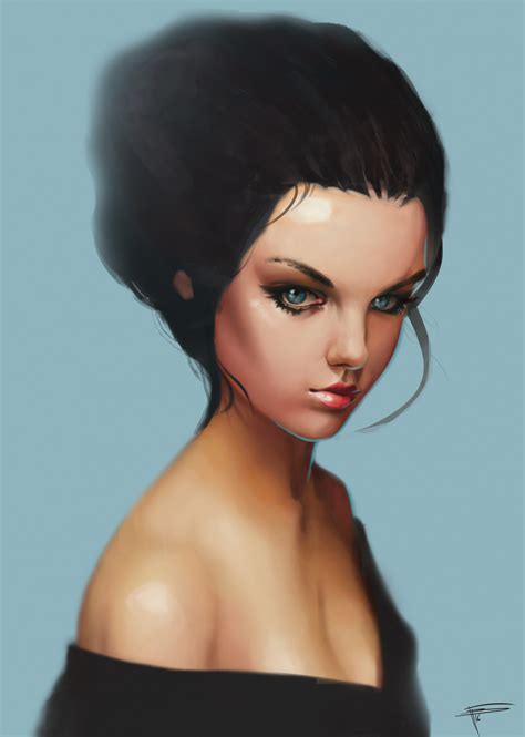 Wallpaper Artstation Drawing Bare Shoulders Dark Hair Portrait
