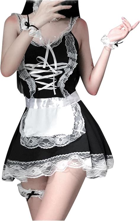 fefadeavx maid role play sexy lingerie for women lace cosplay uniform cute pajamas apron black