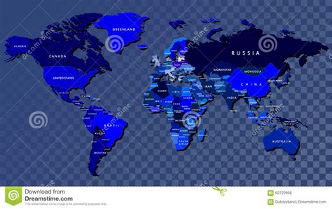 Detailed World Map In Blue Color Engraved Stock Illustration
