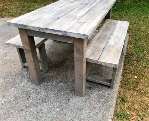 Small Narrow Farmhouse Table And Benches Gray White Wash Top Etsy In
