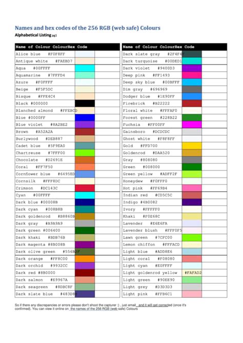 Names And Hex Codes Of The 256 Rgb Web Safe Colors Chart Printable