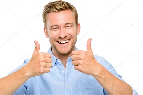 Happy Man Thumbs Up Sign Full Length Portrait On White Backgroun Stock