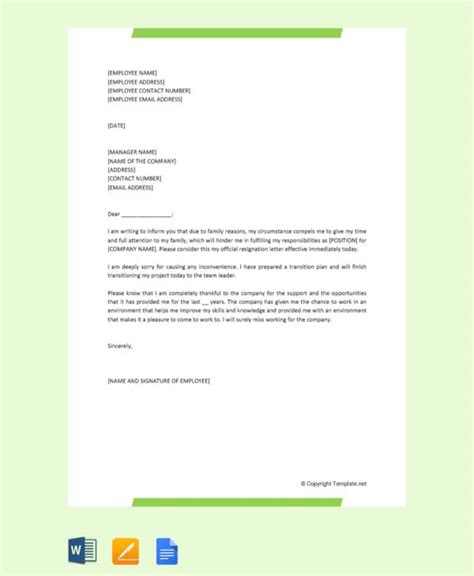 sample resignation letter  family reasons