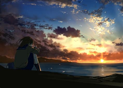 Wallpaper Anime Girl Crying Lonely Sunset Clouds School Uniform