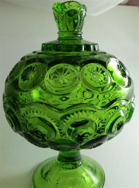 l e smith glass moon and stars compote green glassware vintage green glass antique glass