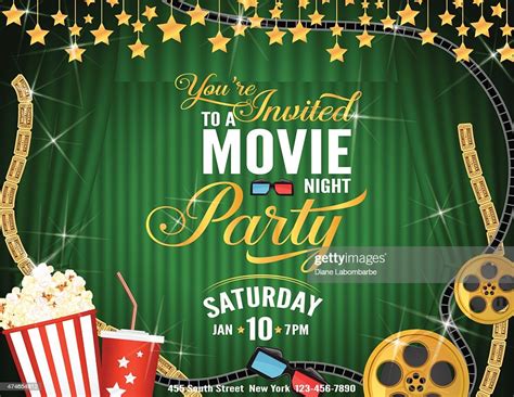 Movie Night Party Horizontal Invitation Template With Green Curtains