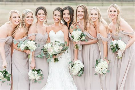 Neutral Bridesmaids Dresses Simple Bouquets Of Hydrangeas And Greenery