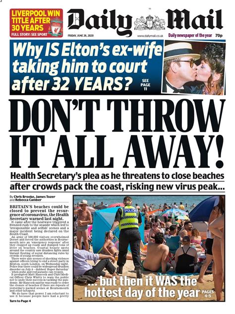 The daily mail has hit back at critics who condemned its front page that focused on theresa may and nicola sturgeon's legs rather than their politics. Daily Mail Front Page 26th of June 2020 - Tomorrow's ...