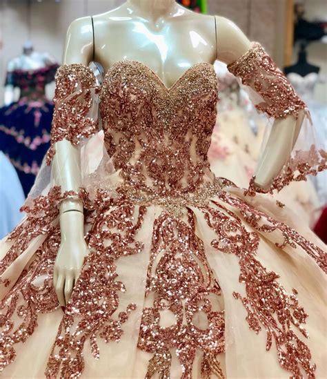 Rose Gold Sparkly Ball Gown Quinceanera Dresses Long Sleeves Off The