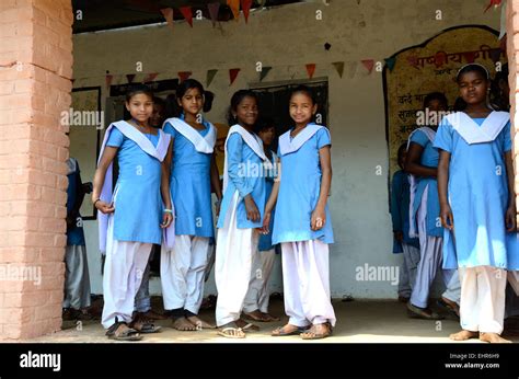 A Group Of Indian School Girls Wearing School Uniform In A Government