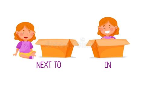 Preposition Of Place With Girl Standing Next To And In The Box Cartoon