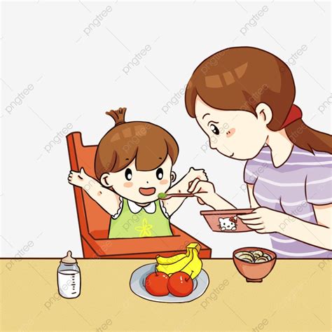Hand Drawn Cartoon Mom Feeding Children To Eat Nutritional Balance