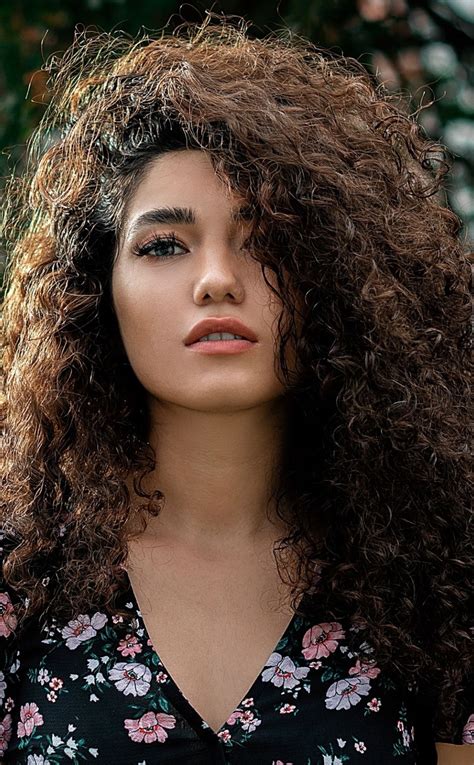 Girl Model Curly Hair Makeup Brunette Outdoor X Wallpaper