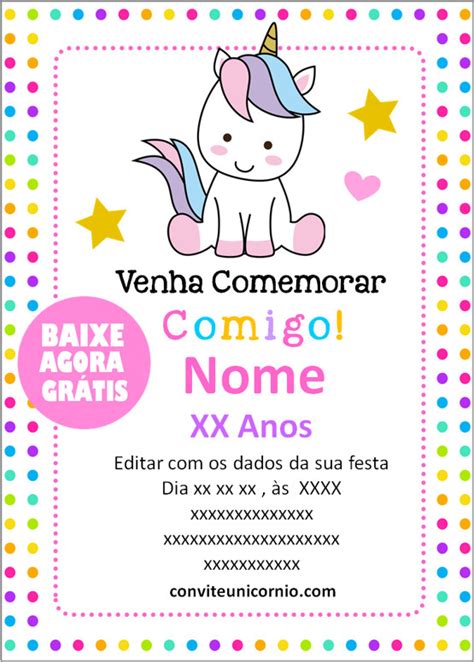 Convite Aniversário Unicórnio Grátis Para Editar E Baixar 🦄