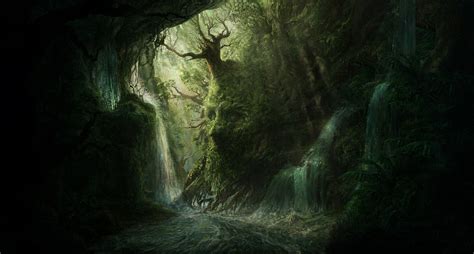 Wallpaper Trees Waterfall Digital Art Dark Artwork River Cave Jungle Rainforest