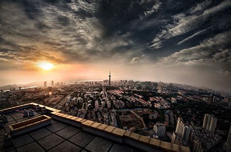 City Cityscape Sunset Sky Clouds Rooftops Building Wallpapers Hd