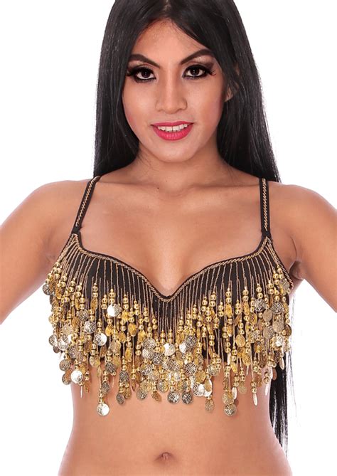 Classic Belly Dance Bra Top With Fringe And Coins Black Gold