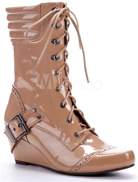 Lace Up Apricot Pu 2 25 High Wedge Boots For Women