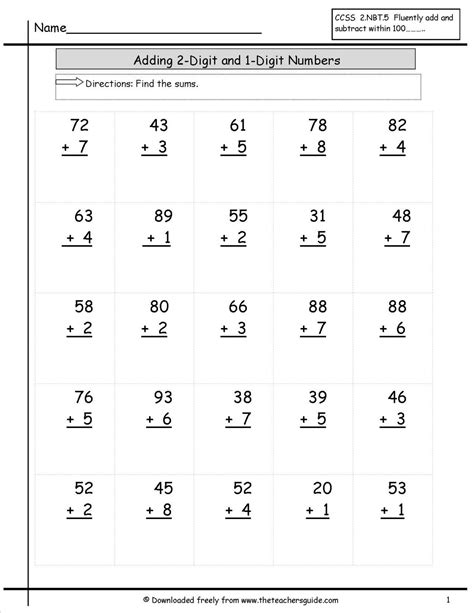 Adding 2 Digit And 1 Digit Numbers Worksheets