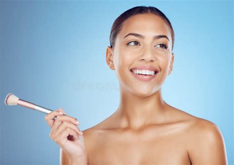 Makeup Brush Smile And Black Woman With Cosmetics Skincare And