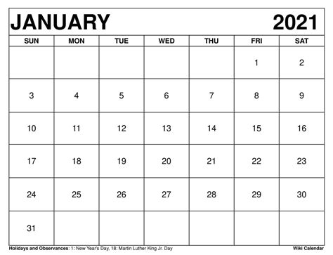 United states edition with federal holidays. Free Printable January 2021 Calendars