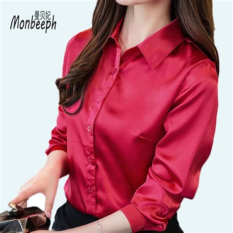 plus size 3xl women silk satin blouse button long sleeve lapel ladies office work shirts elegant