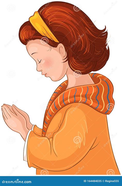 Cute Cartoon Little Girl Praying With Her Hands Folded Vector