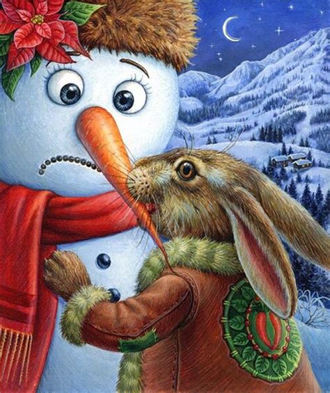 bunny rabbit taking the nose off of a snowman art christmas snowman christmas scenes snowman