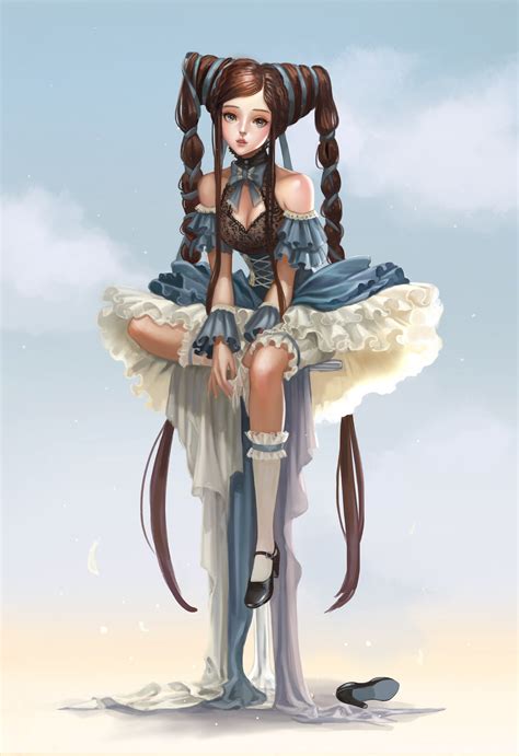 wallpaper fantasy art anime girls fantasy girl sitting brunette long hair sky blue