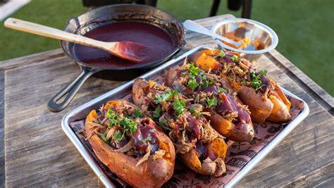 Pulled Pork Stuffed Sweet Potatoes With Cranberry Glaze Oklahoma Joes