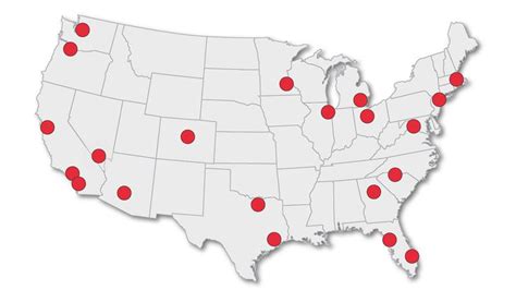 A Map Of The United States With Red Dots Indicating Locations Where