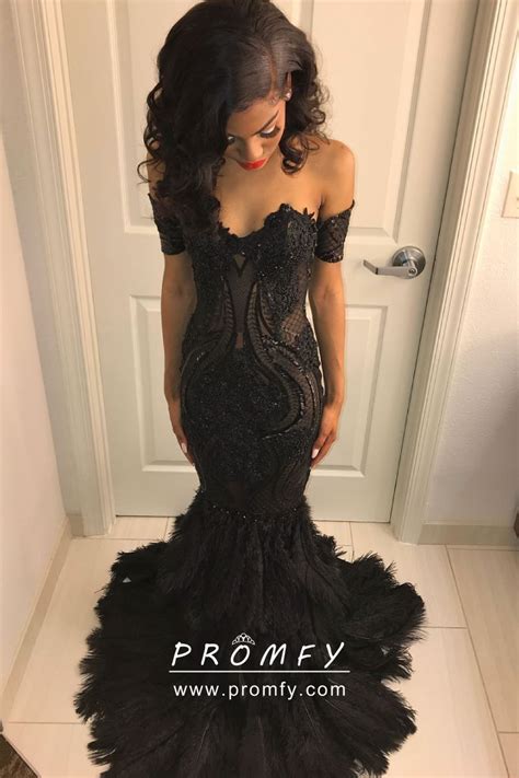 Black Sequin Feather Off The Shoulder Prom Dress Black Girl Prom