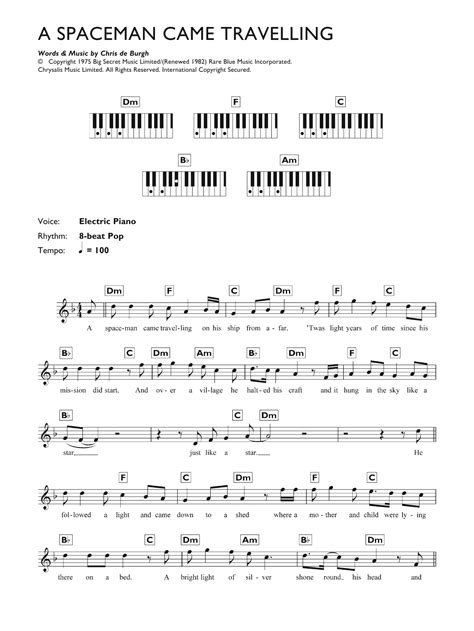 A Spaceman Came Travelling Sheet Music Chris De Burgh Piano Chords