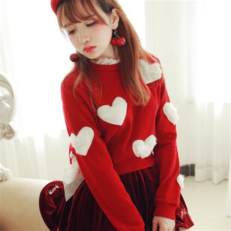 Sweater Red White Cute Heart Kawaii Fashion Style Casual Winter Outfits Fall Outfits