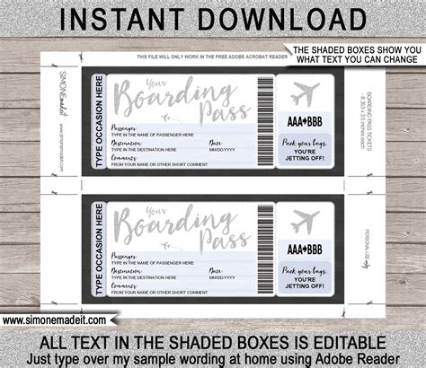 Printable Boarding Pass Ticket Template Fake Plane Ticket Trip Reveal