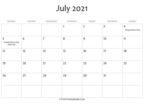 July 2021 Editable Calendar With Holidays