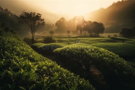 Green Tea Plantation At Sunrise With Tea Plants In The Shining Rays Of